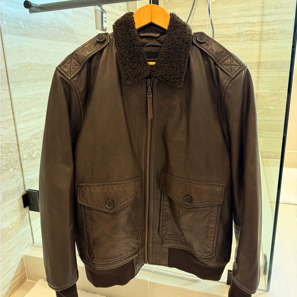 Banana Republic Forte Dark Brown Leather Bomber Jacket with Shearling Collar